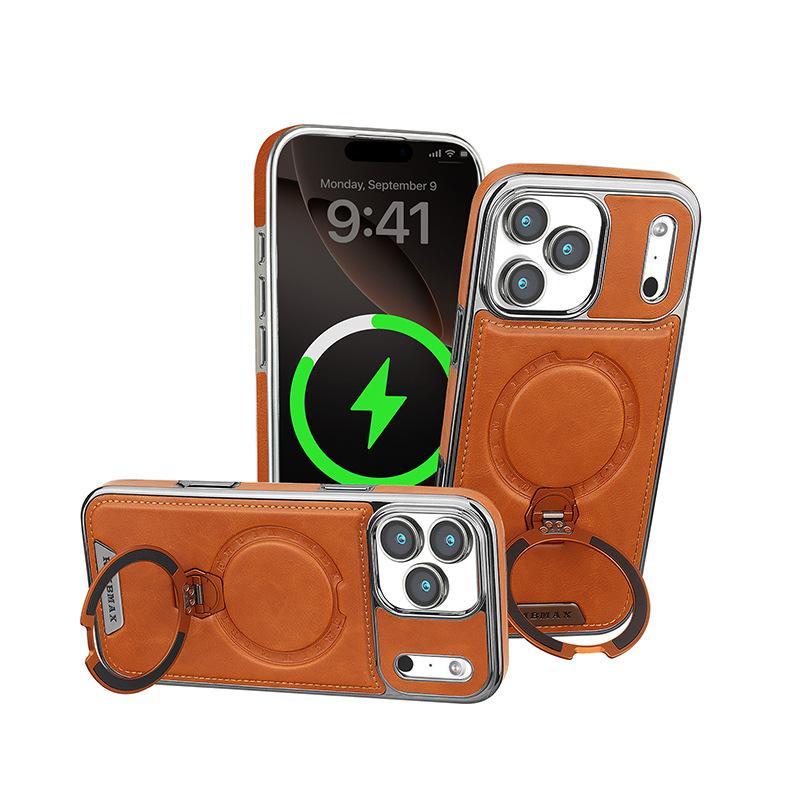 Applicable to Apple 17promax mobile phone case Magnetic suction iPhone17air rotating bracket 16 anti-drop 15por leather case
