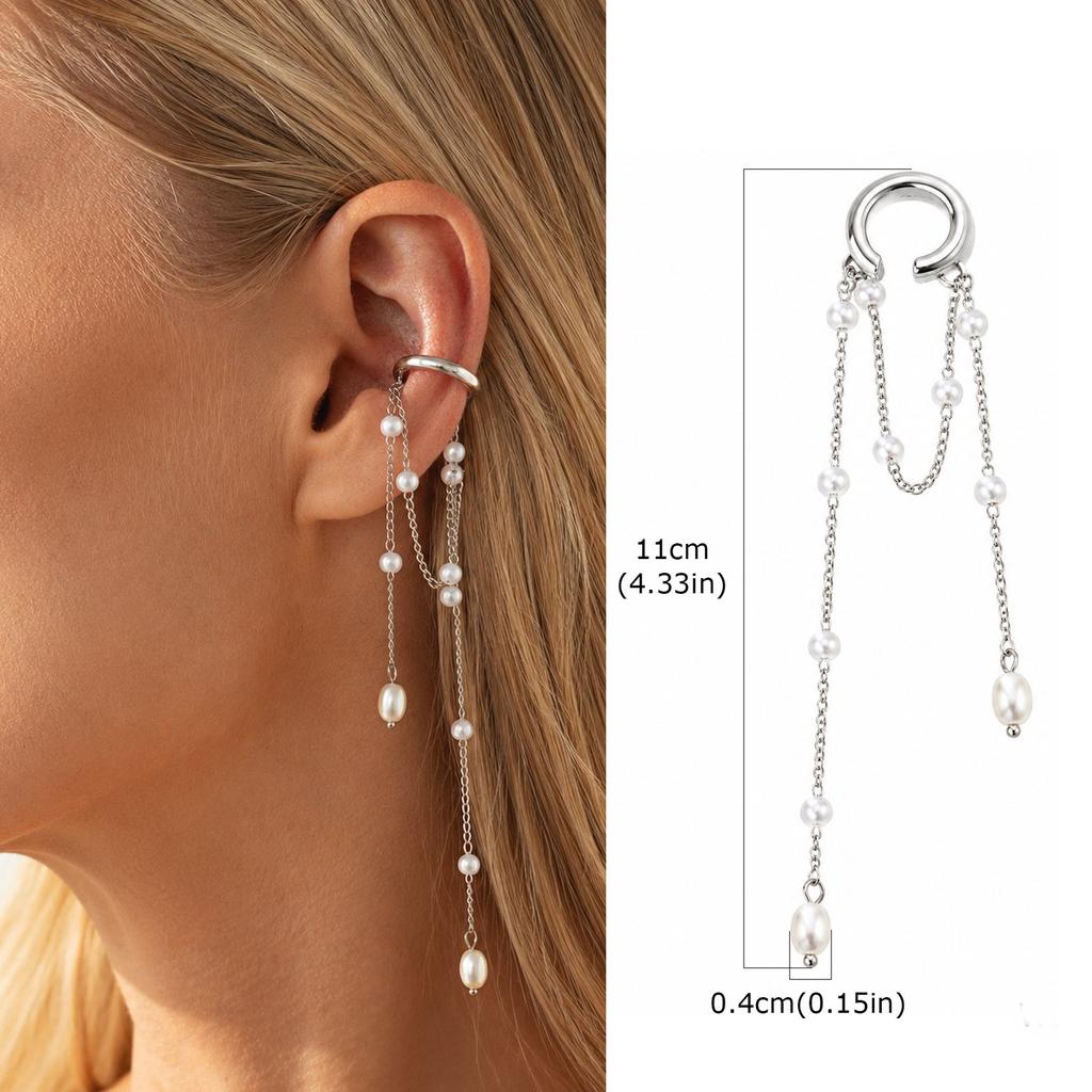 Tassel Ear Cuff Non Piercing Gold Color Long Chain Earrings for Women, Stainless Steel Clip On Ear Wrap Nickel-free