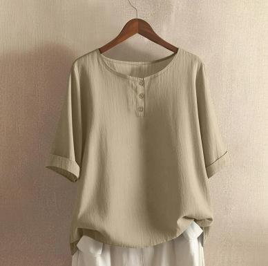 Dames O-hals Blouse met Driekwartmouwen Losse Pasvorm Casual Katoen Linnen Top Effen Kleur Knopen Henley Top