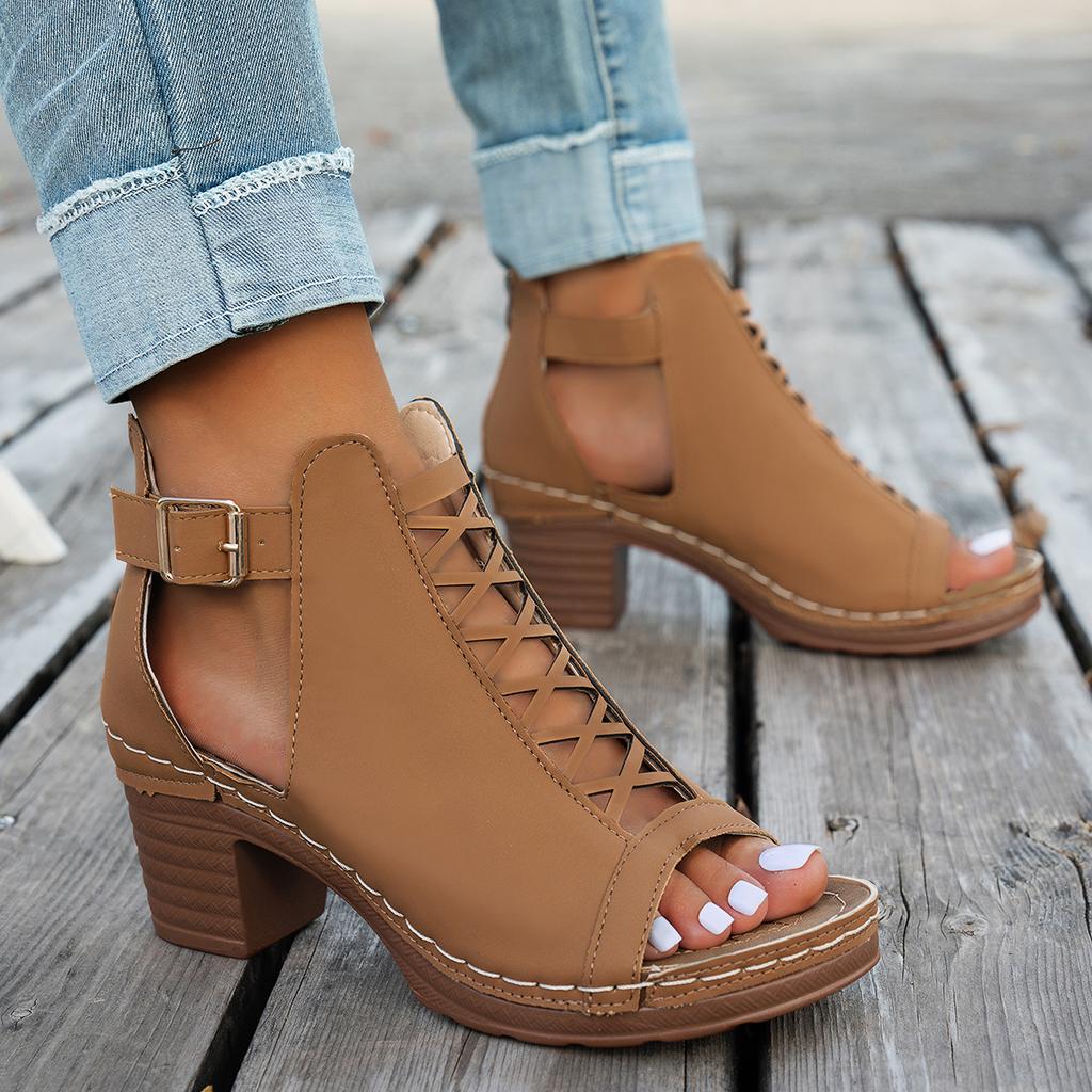 2025 New Women Chunky Heeled Sandals Outdoor High Heels Sandals Retro Peep Toe Cut-out Buckle Strap Shoes Women Zapatos De Mujer