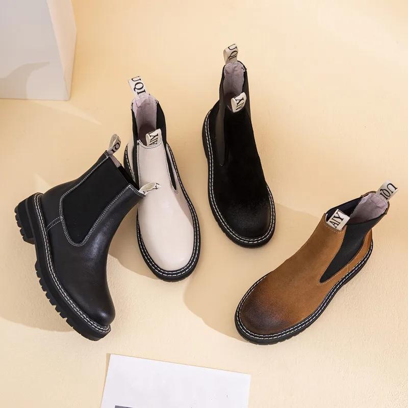 Modische Damen Chelsea Boots Echtes Leder 2025 Herbst Winter Trend Dicksohlige Damen Stiefeletten All-Match Kurze Stiefel Damen