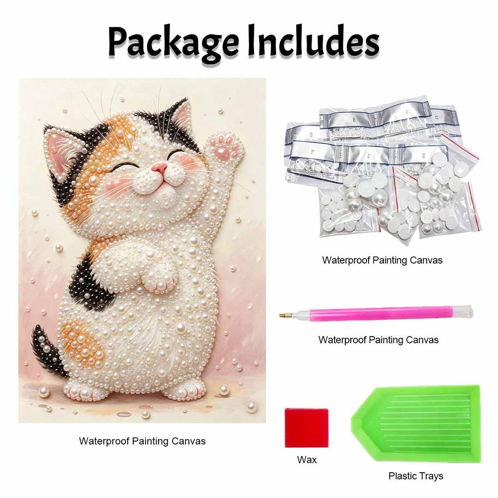 Creative DIY Framed Pearl Art Kit with Cute Lucky Cat Pattern Sparkling Bead Canvas Ready to Display Relaxing Gift for Adults Projects