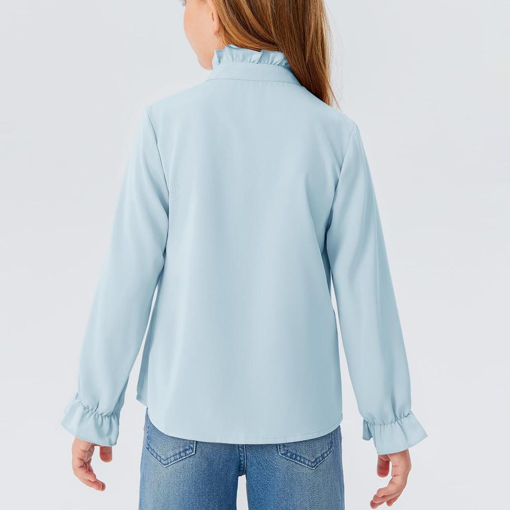 Girls' Ruffled Blouse - Solid Color Stand Collar Shirt