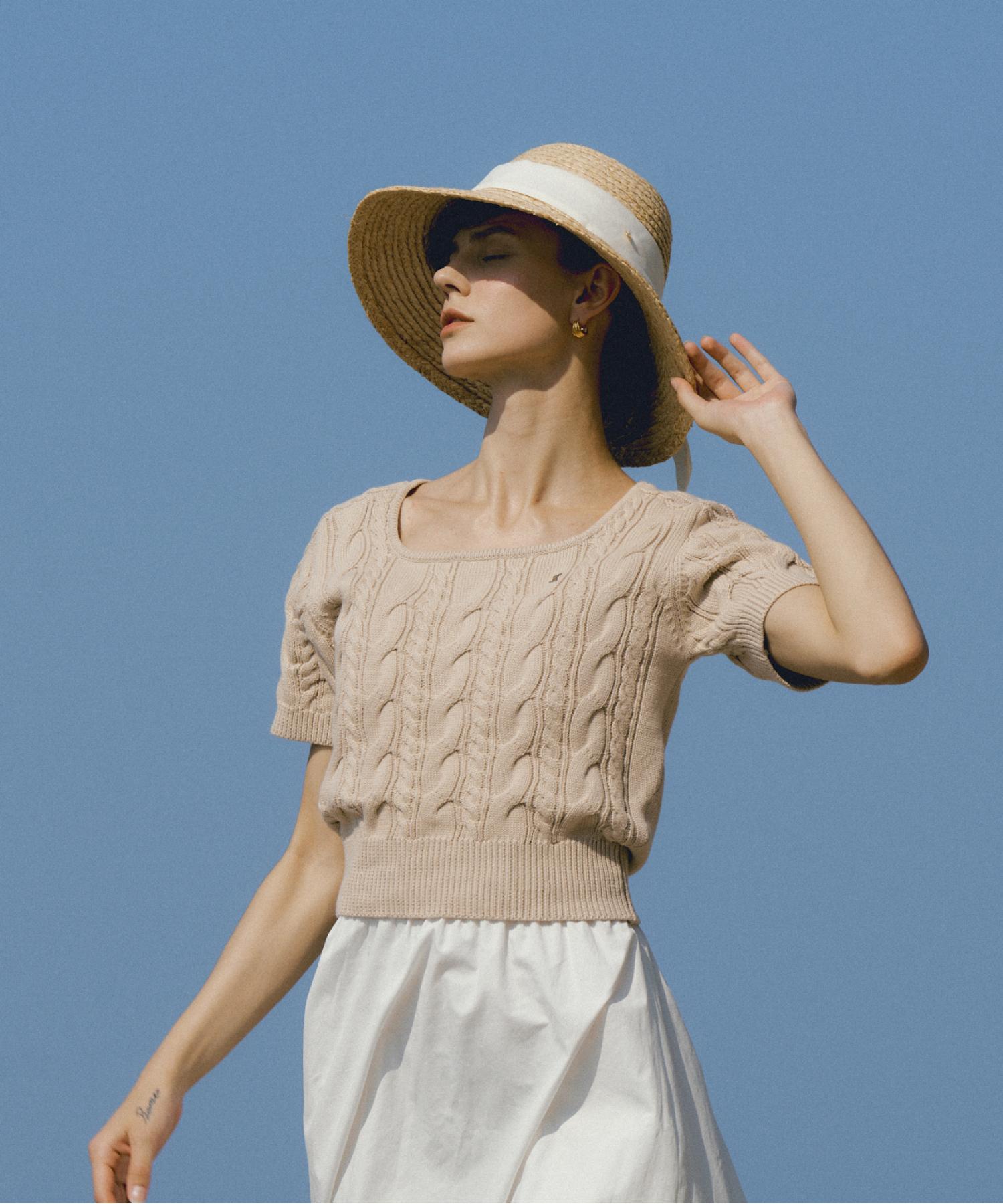 Polneua Cotton Square Neck Cable Half Sleeve Knit (Beige) Beige/M