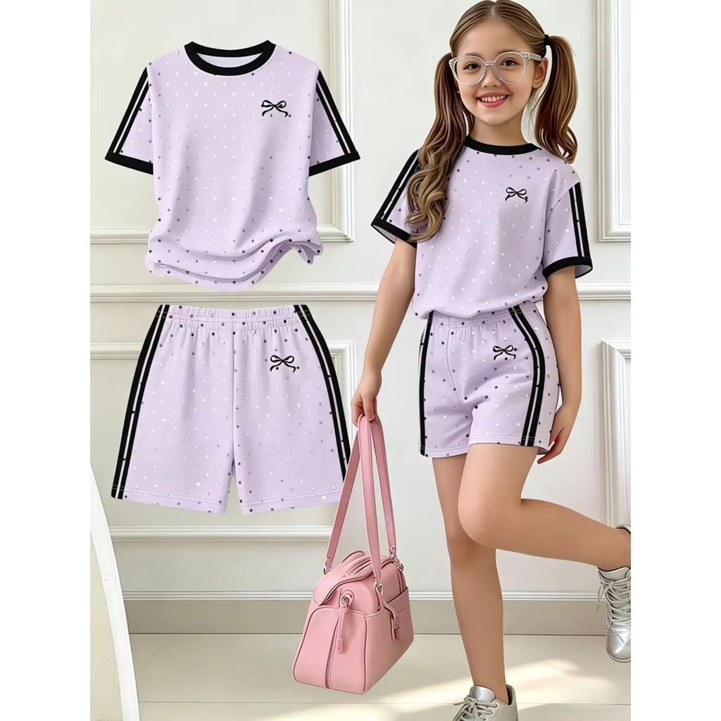 Kids Clothes Girls 2pcs Set Easy Bow Print Short Sleeve T-Shirt and Shorts Set Suitable for Spring and Summer Y2K Fashion