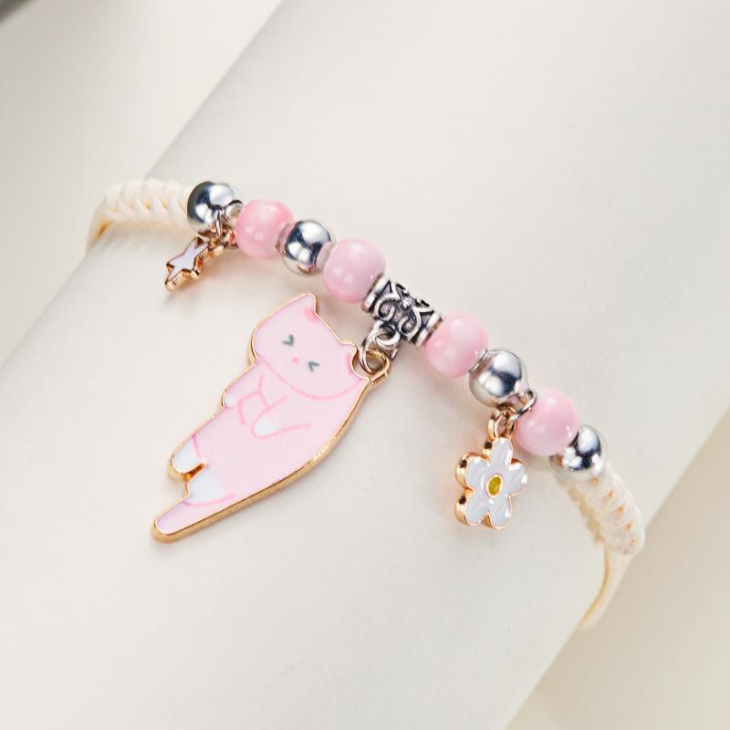 Creative Colorful String Cat Bracelet Woven Glass Handmade Bead Bracelet Hand Rope Jewelry Accessories Cartoon Hand Ring Women