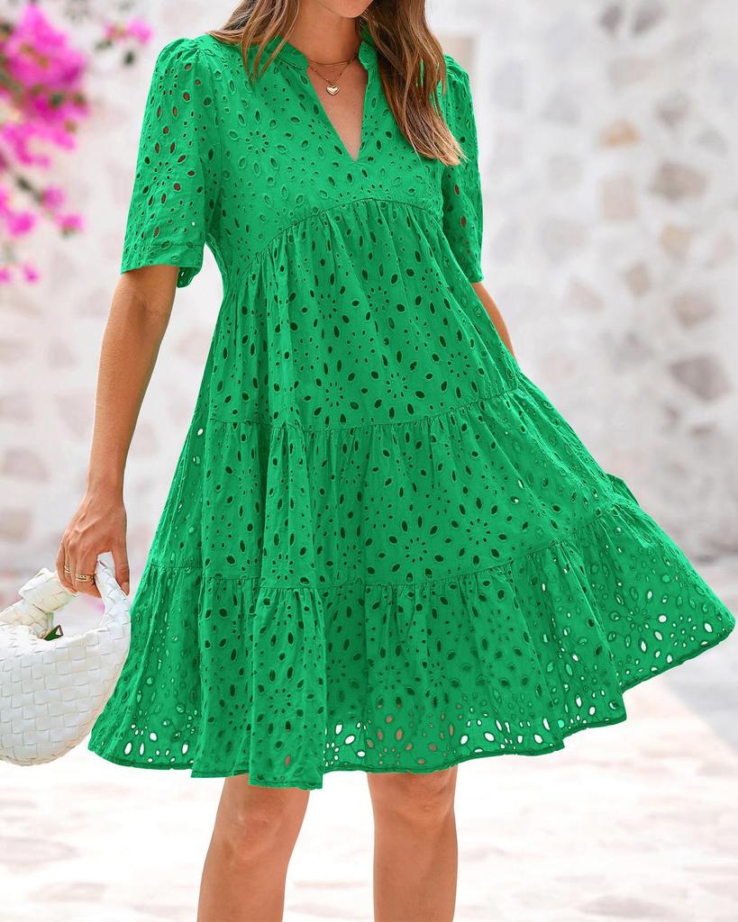 Abito da Spiaggia da Donna con Scollo a V in Pizzo - Manica Corta Gonna a Svasatura per Vacanze