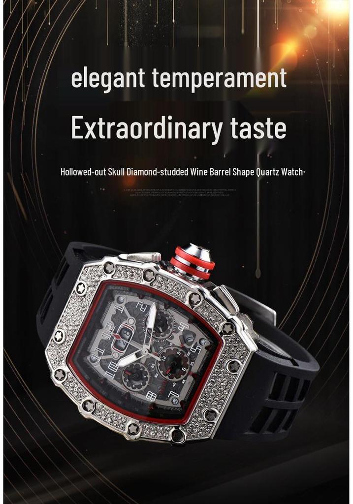 2020 European-American Diamond Skull Six-Hand Quartz Barrel Men's Watch