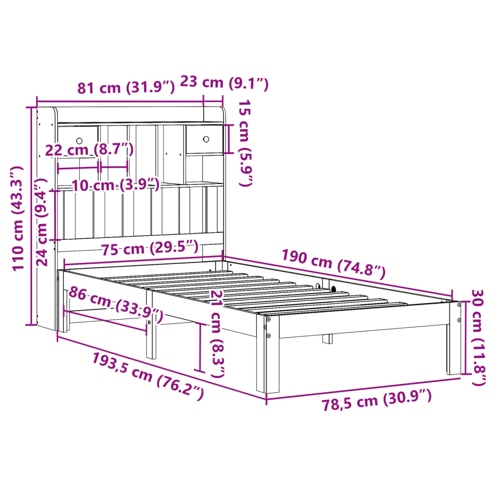 Solid Wood Bed with Shelf without Mattress Wax Brown 75 x 190 cm