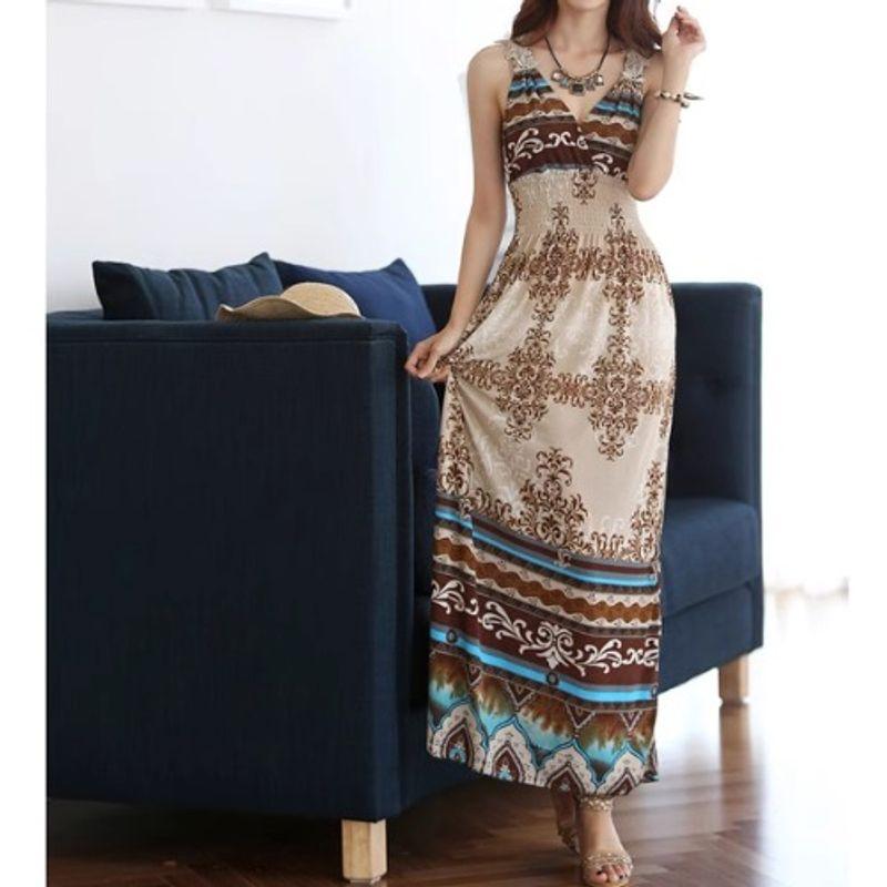 

Богемный K-стиль Летнее платье с V-образным вырезом, крючком, с вырезами, простроченной спинкой, без спины, приталенное, без рукавов, на бретелях, длинное платье для женщин Picture Color Free size