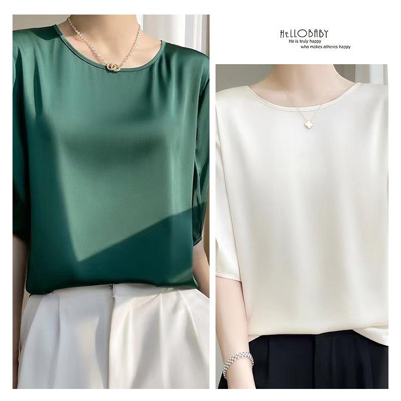 Women's Simulated Silk Five Quarter Sleeve Shirt with Loose Design and Round Neck Blouses & Shirts