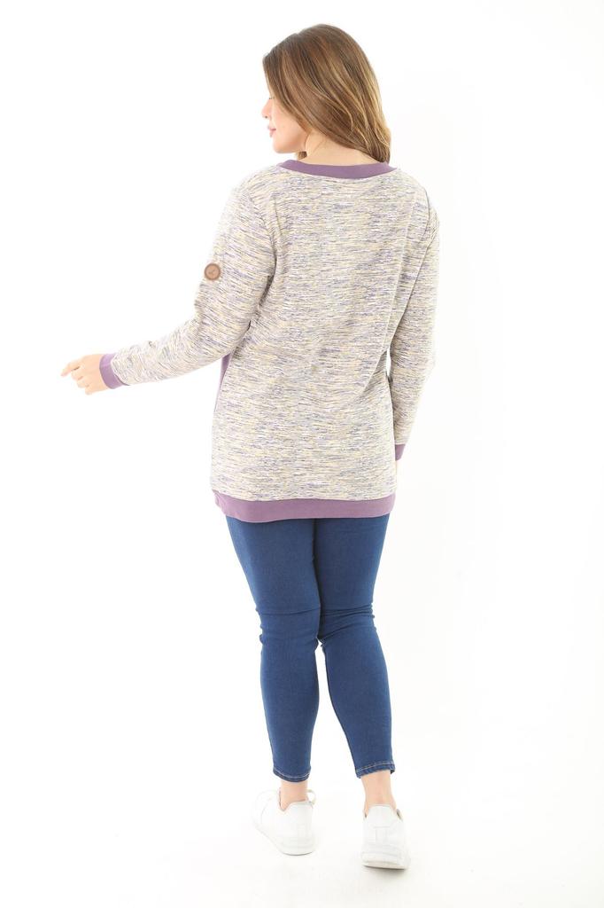 Damenstil Übergröße Sweatshirt Große Größe Lila Sweatshirt mit Zierknöpfen und Cup-Detail