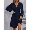 Women S V Neck Lantern Sleeve Solid Color High Waist Dress