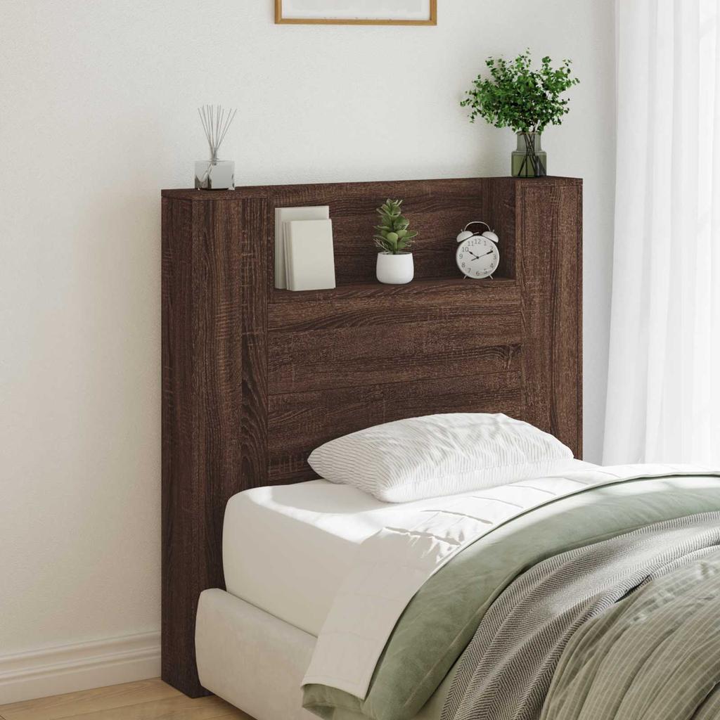 Bed Headboard with LED Lighting and Storage Space Brown Oak Wood Material