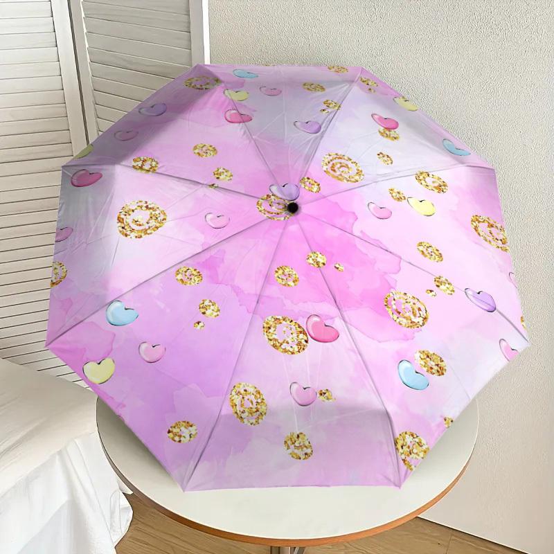 1PC Hearts Glitter Umbrella-8-Rib Reinforced Portable Folding Travel Suitable for All Seasons Outdoor Daily Use-Z0453