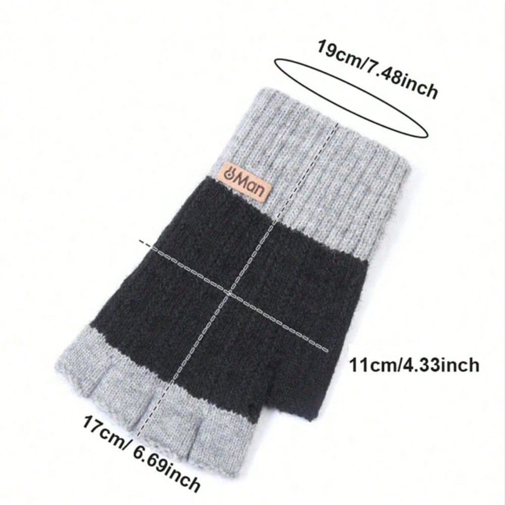 Color Blocked Half Finger Gloves for Men in Autumn and Winter To Keep Warm and Add Thick Woolen Yarn