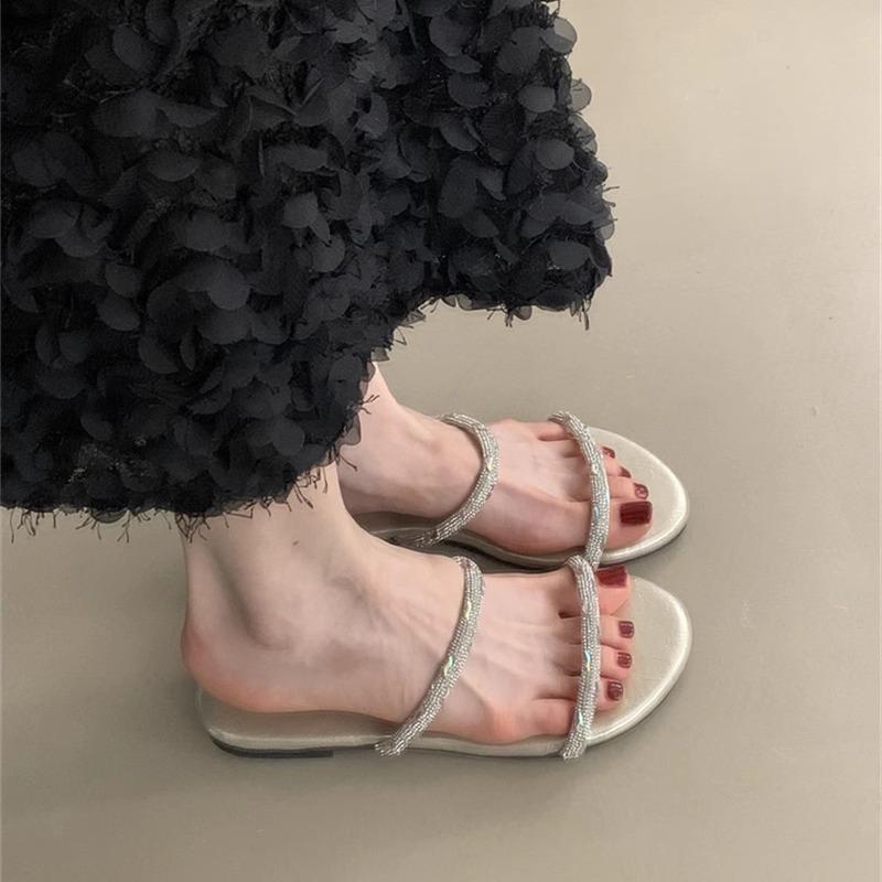 Purple women's sandals summer flat bottom one word with rhinestone slippers women wear trendy slippers