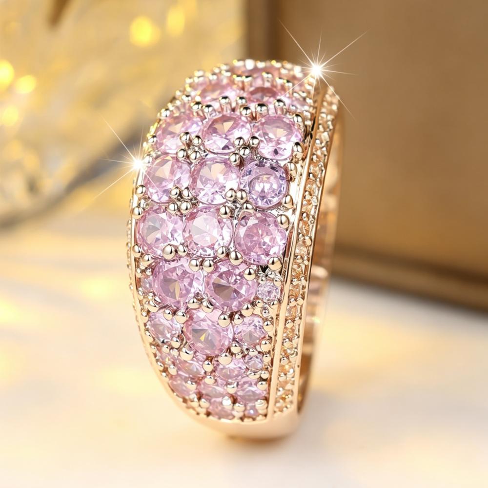Luxurious Four Colors Available Pink Zircon Paved Wide Band Ring for Women Daily Wear and Party