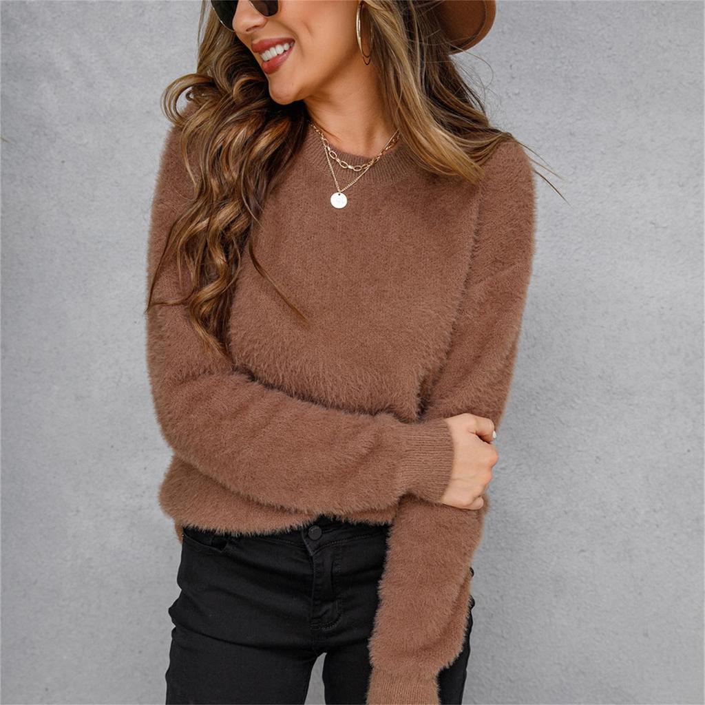 Ladies Winter Solid Color Plush Pullover Long Sleeve Sweater Casual Shirt Tops