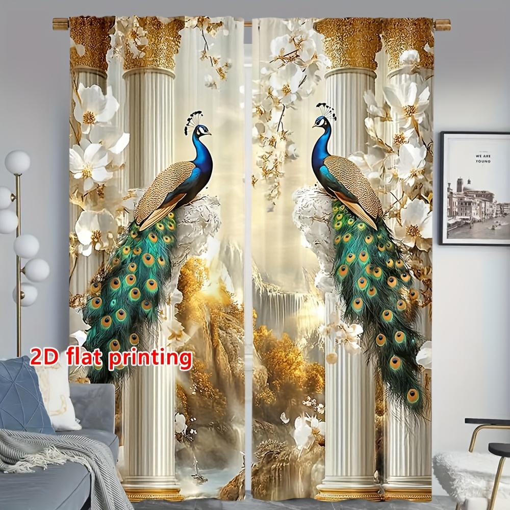 2pcs 2D Flat Gold Peacock Print Curtains – for Bedroom & Living Room   Multiple Sizes Available