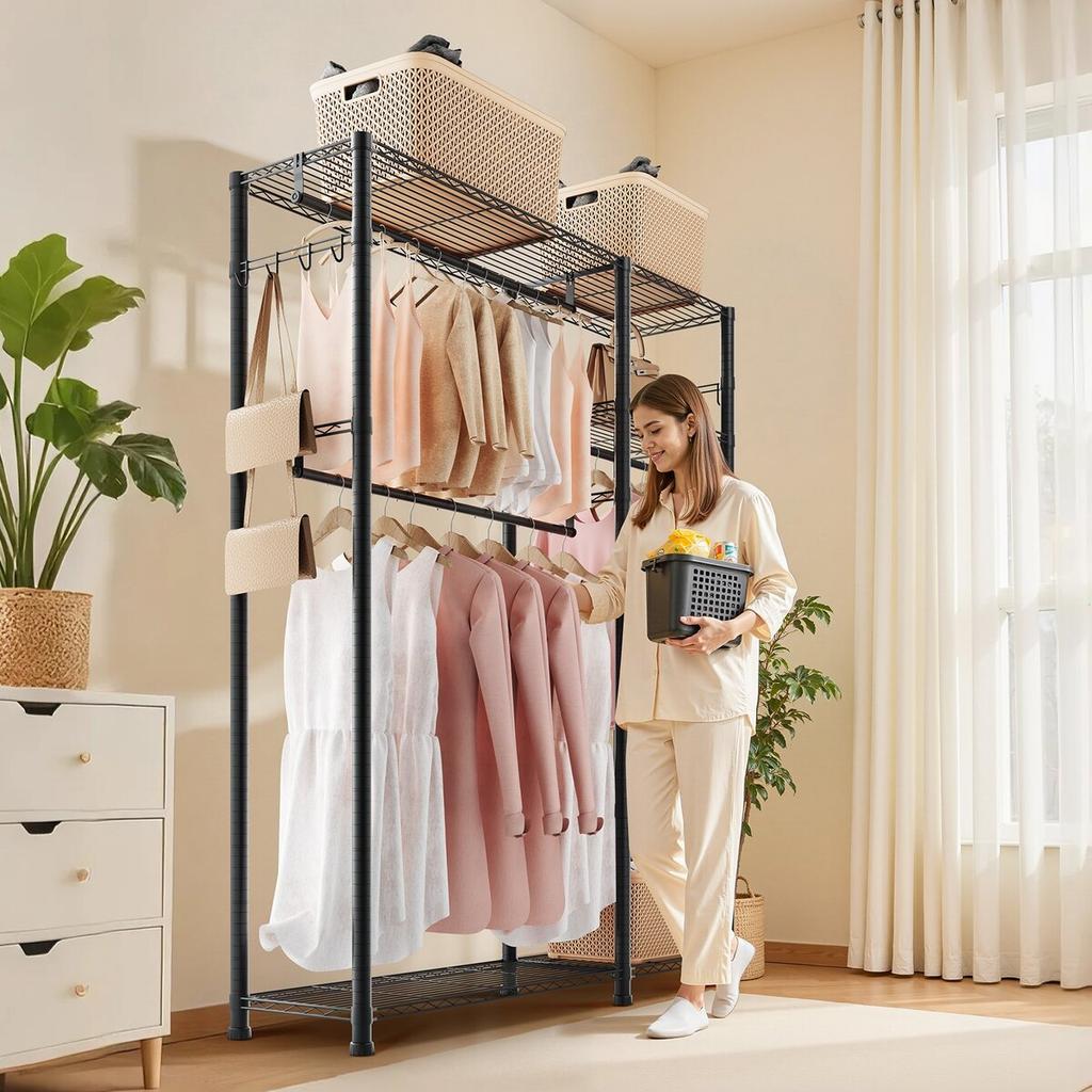 Clothing Garment Rack, Heavy Duty Clothes Rack, 6 Adjustable Tiers Clothes Racks with Steel Frame, 363 kg Load Capacity Closet Wardrobe with 3 Hanging