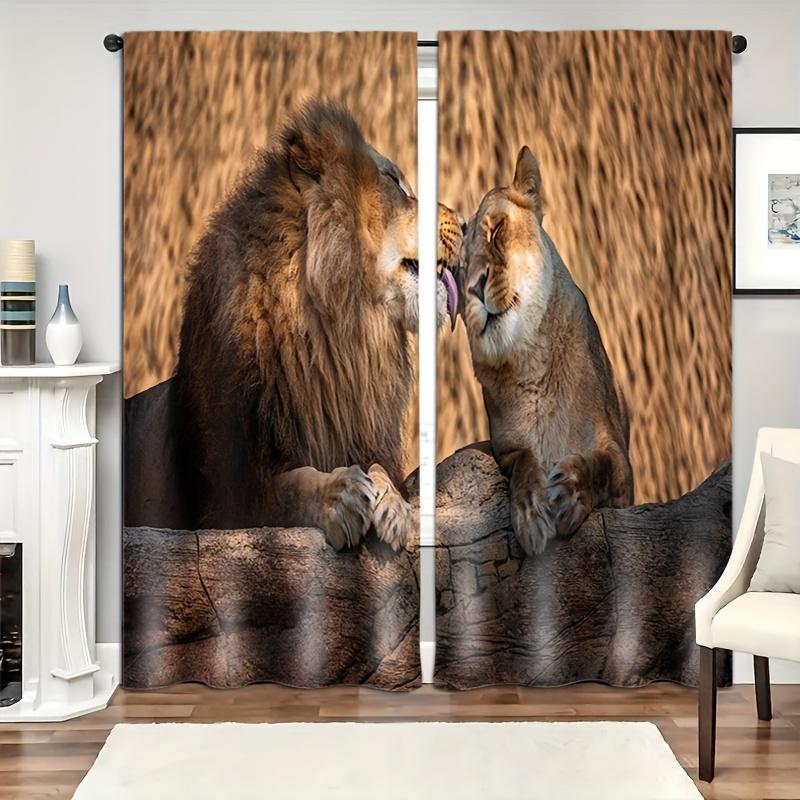 

2 шт. Шторы со львами, африканские дикие животные, оконные шторы, луга, король джунглей, оконные шторы с изображением деревьев для спальни, гостиной W65X60H(cm)X2Pcs&Grommet Top