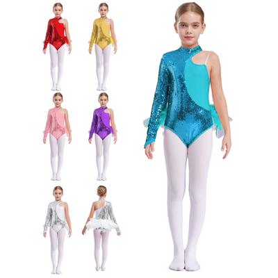 Roupa de dança jazz latina infantil, lantejoulas brilhantes, manga comprida, gola simulada, traje de dança de balé, macacão com malha