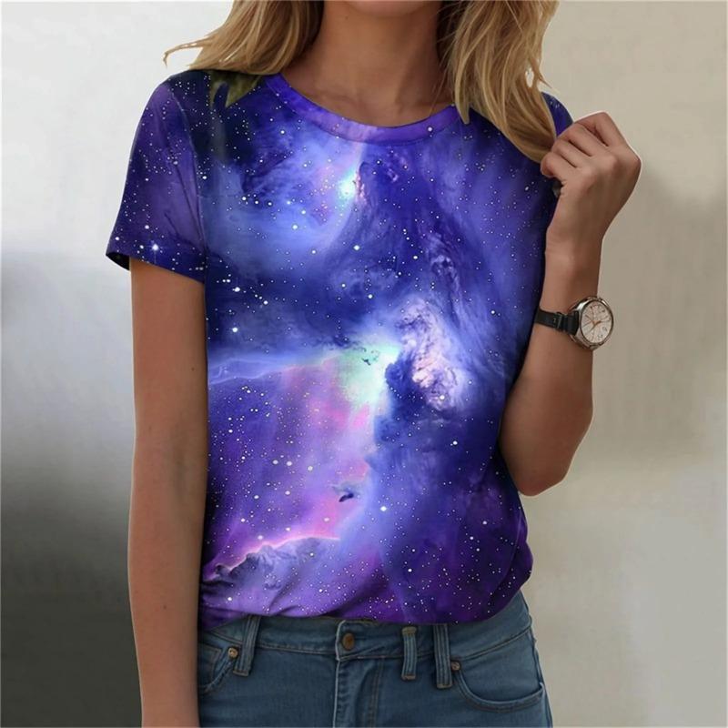 

Летние топы для женщин Повседневная футболка с галактическим принтом Женская футболка с галактическим принтом Блестящие футболки Блузка Модная звездная однотонная рубашка 6xl