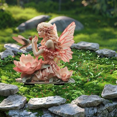 Fėjos Bohemiško Stiliaus Rožinio Kaspino Sparnuota Fėja Kolibris Akrilinis Sodo Kuolas Kiemo Sodas Žemė Vazoninių Augalų Dekoracija