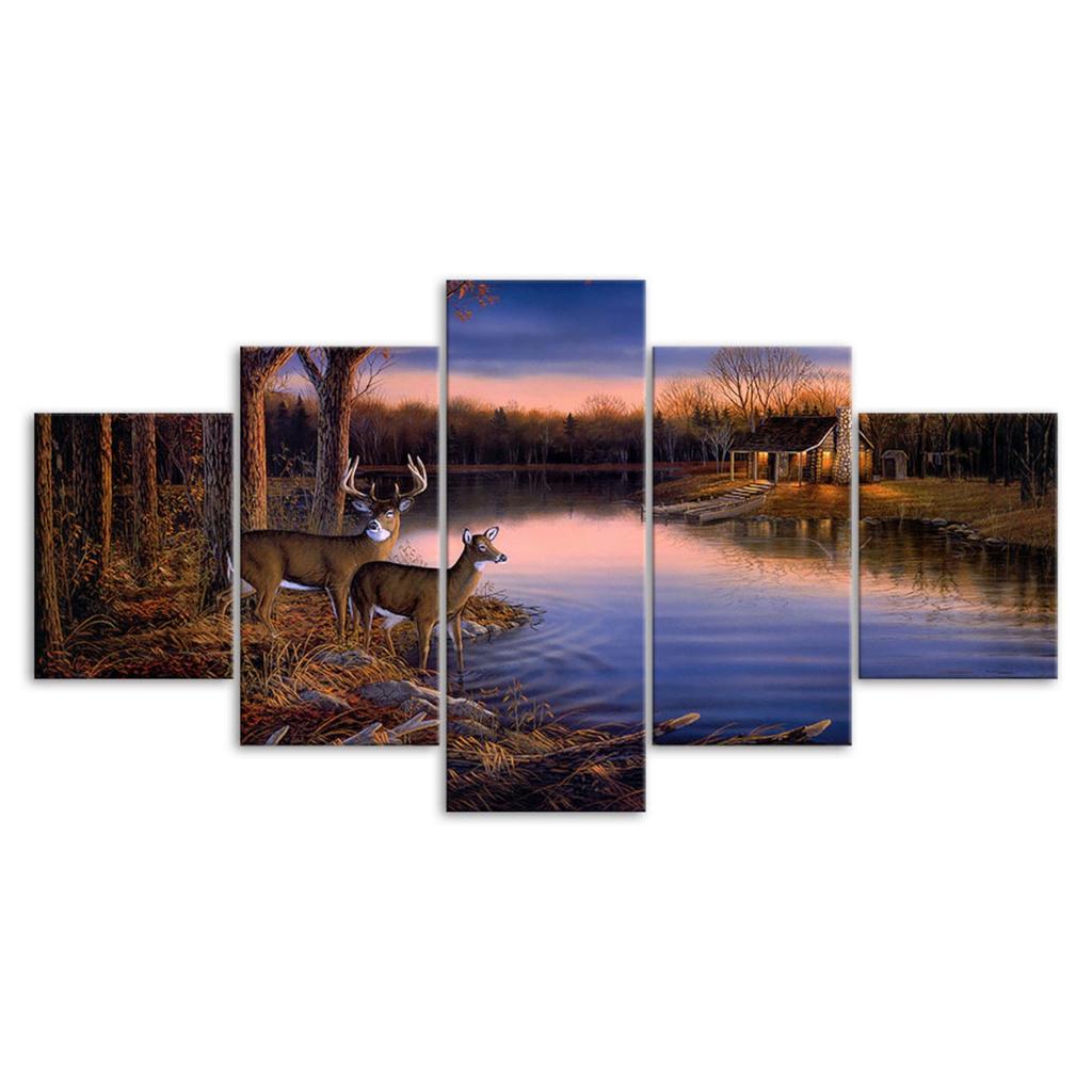 Antelope Deer Forest Lake Purple Sky 5 Piece Five Panel Wall Canvas Print Modern Art Poster Picture Home Decor Gift For Him For Her