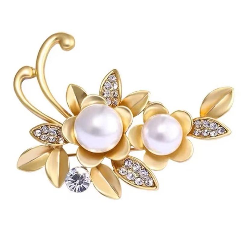 Fashion Pearl Flower Brooches for Women Rhinestone Leaves Metal Pins Clothing Daily Jewelry Accessories