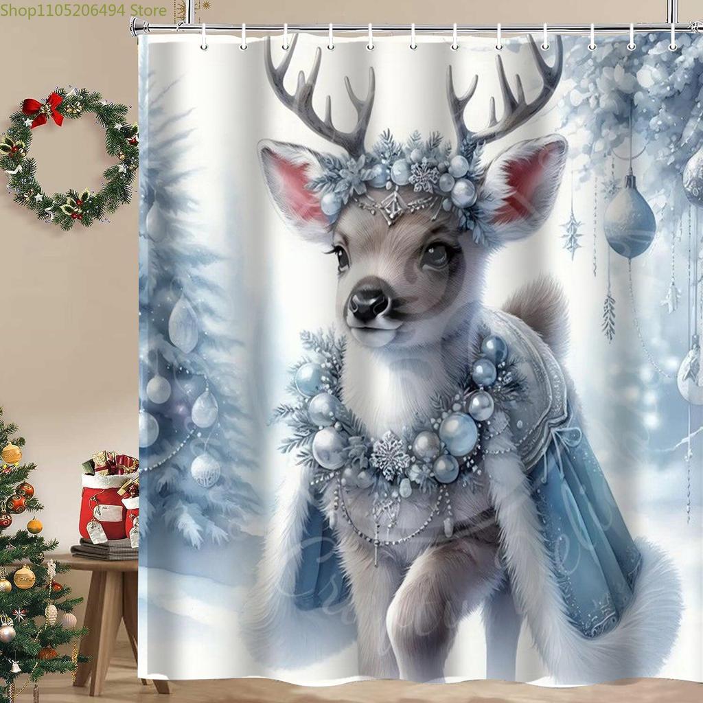 Christmas Tree Reindeer Bathing Curtain  Bathroom Shower Curtain Waterproof With 12 Hooks Fishes Home Deco Free Ship