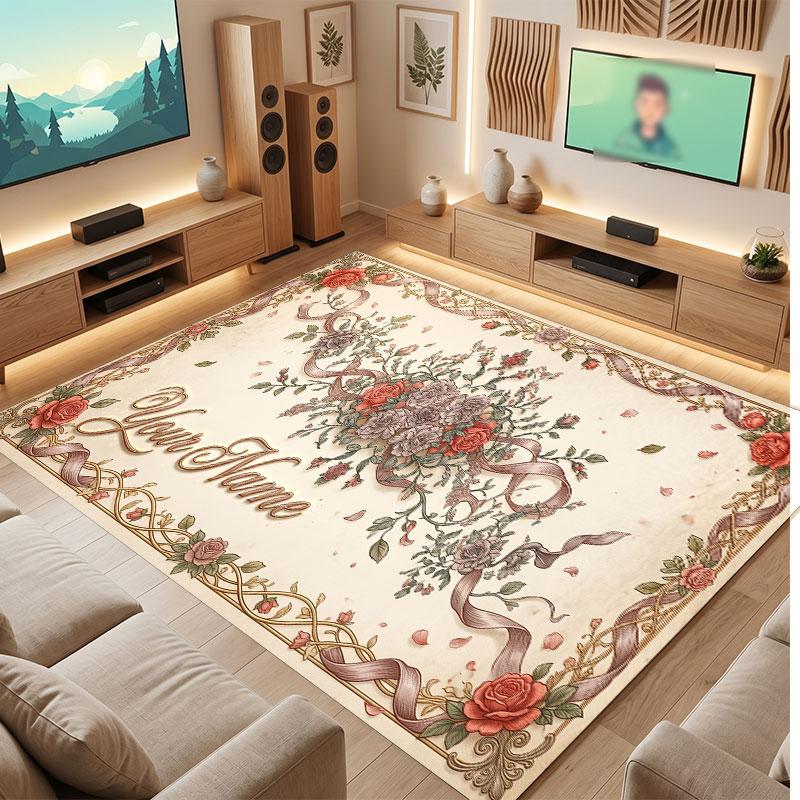 Floral Garden Theme Crystal Velvet Floor Rug Personalized Custom Name Text Warm Carpet Home Decoration