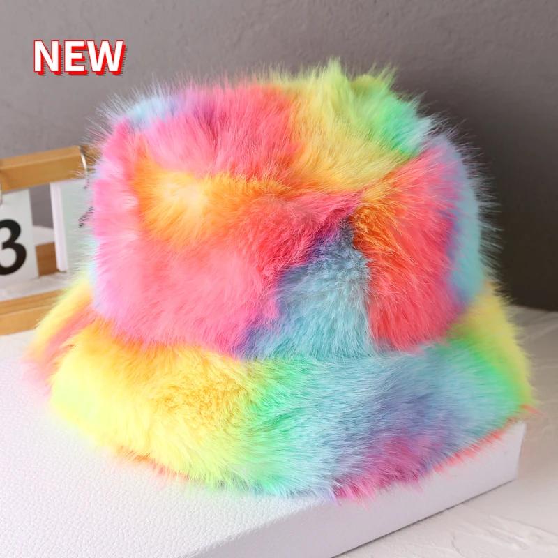 Fluffy Faux Fur Bucket Hats Women Rabbit Fur Warm Thick Plush Winter Hat Lady Fashion Luxury Panama Furry Fisherman Cap Y2K