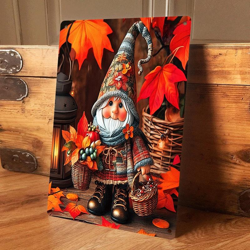 

1 piece: Autumn Harvest Elf Tin Hanging Plaque, Creative Cartoon Dwarf Basket Maple Leaf Decorative Painting, Home Living Room W (as the picture,20x30cm)