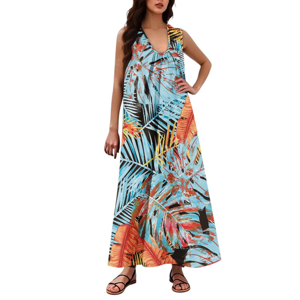 Women's Fashion Casual A-line Floral Printed Hammer Feel Loose Long Skirt With Pockets