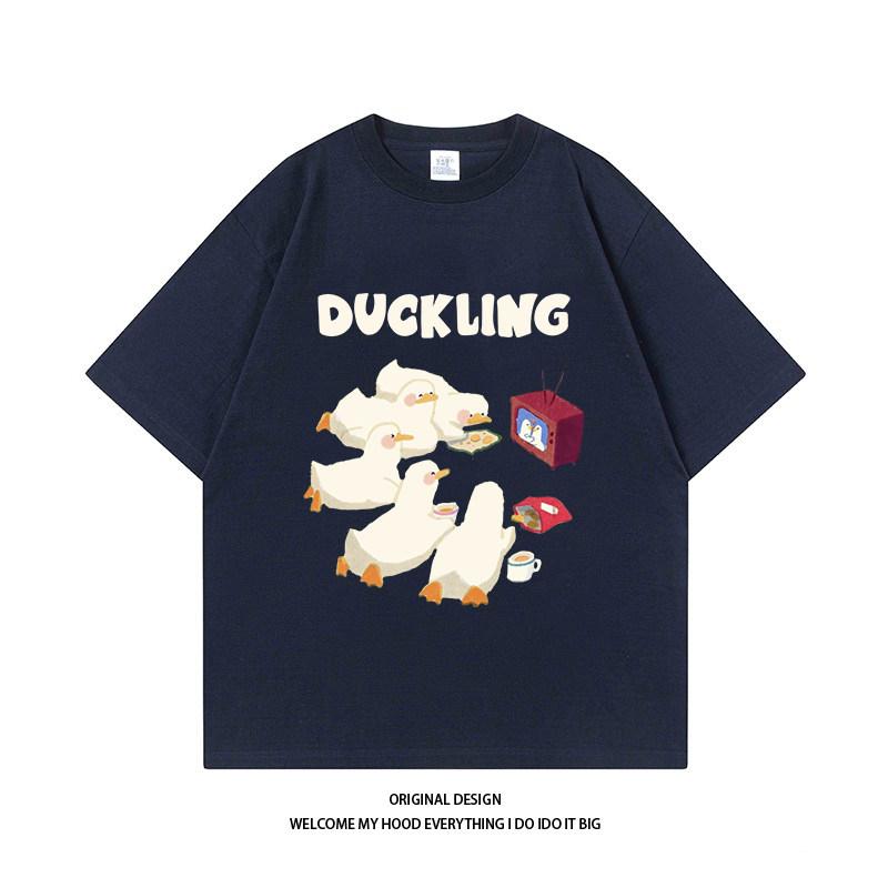 Pure Cotton Fun Tv Watching Duck Printed Couples Identical Style Streetappropriate Loose Retro Shortsleeved Tshirt