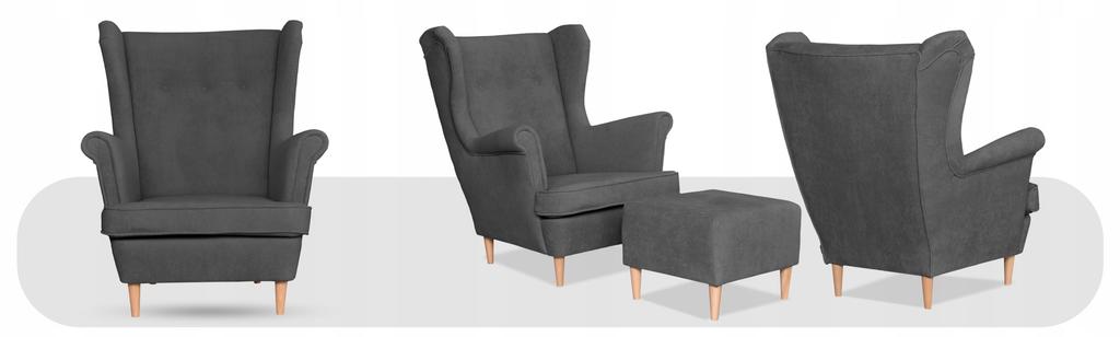 Fotel uszak z podnóżkiem skandynawski welur Hunter Family Meble szary