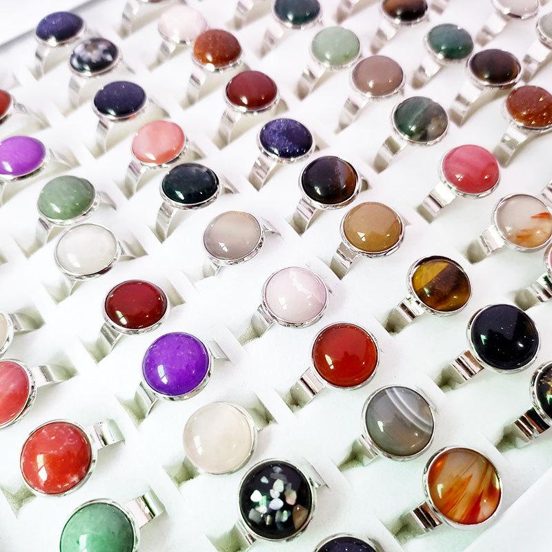 10Pcs Round Natural Stone Ring Female Opening Adjustable Stone Accessories Student Trinket Ring
