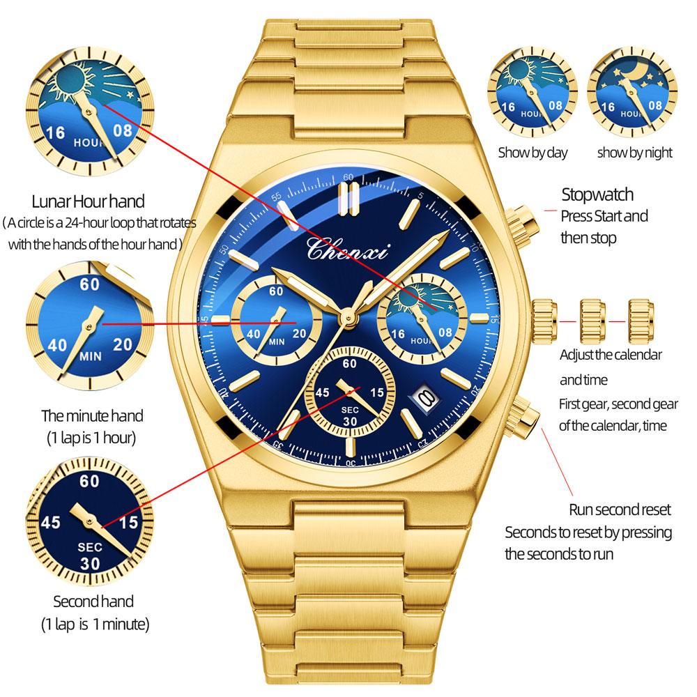 CHENXI Men's Multifunctional Wristwatch Calendar Moon Phase Chronograph Stylish Luminous Waterproof Men's Quartz Watch
