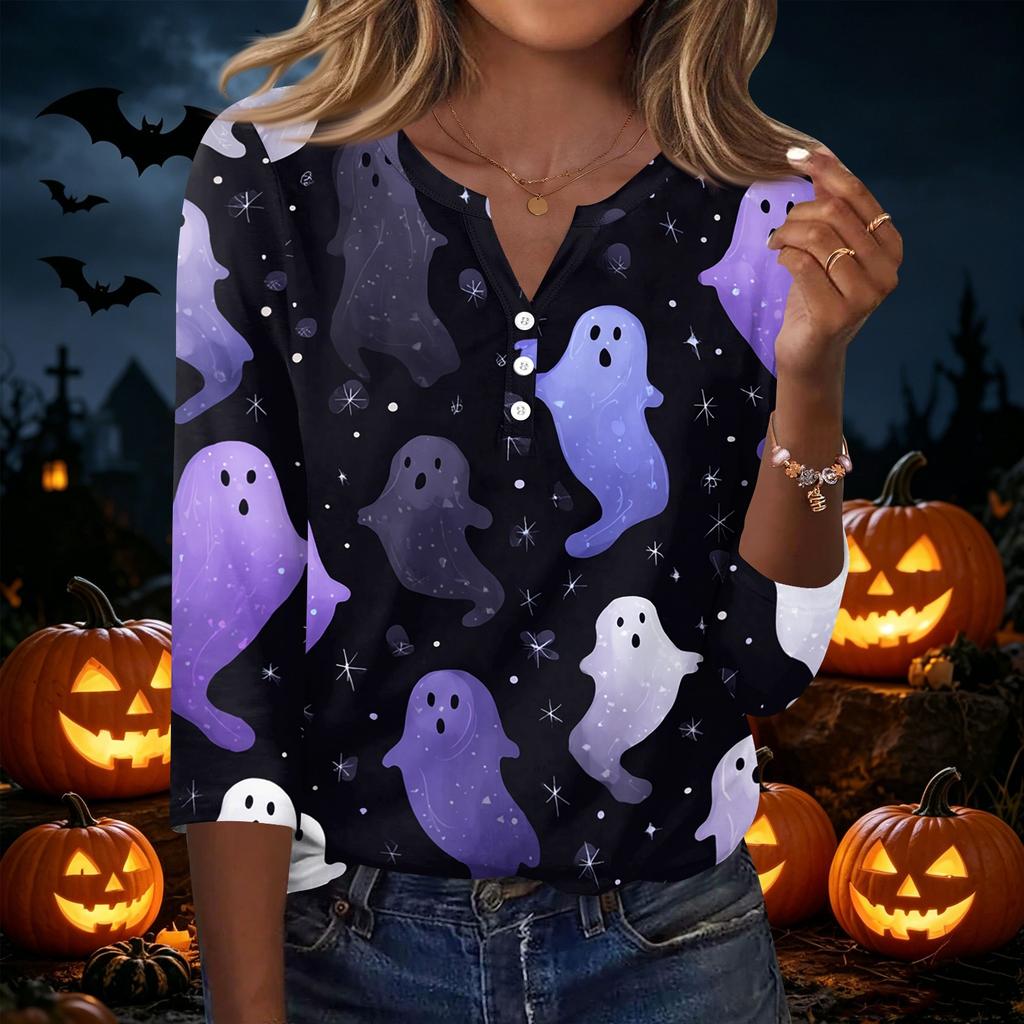 Women's Casual Halloween Print V Neck Button Front Three Quarter Sleeve T Shirt Top Lightweight Soft Fabric Comfortable Fit