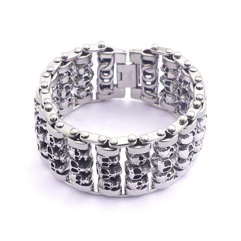 

35 мм ширина 316L нержавеющая сталь скелет череп голова звено цепи браслет мужской панк-рок привидение байкер ювелирные изделия мужские браслеты браслеты 22CM серебряный
