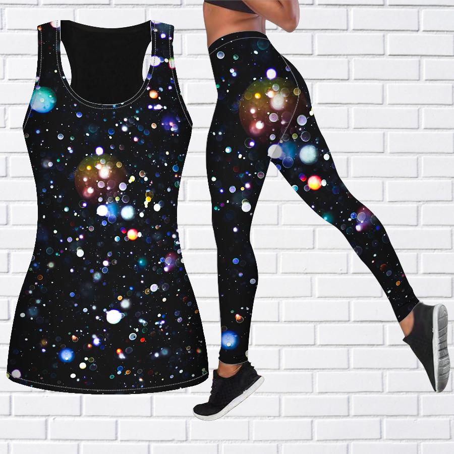 

Разноцветный наряд для йоги с блестками и принтом для женщин, модные леггинсы для тренировок, спортивные повседневные штаны для фитнеса и йоги M чёрный