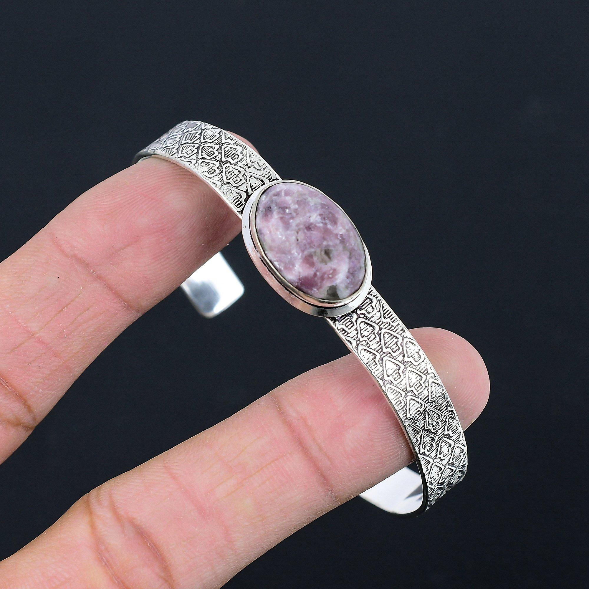 

Friendship Day Sale Sterling Silver Oval Lepidolite Stone Mother Birthday Bangle Adjustable