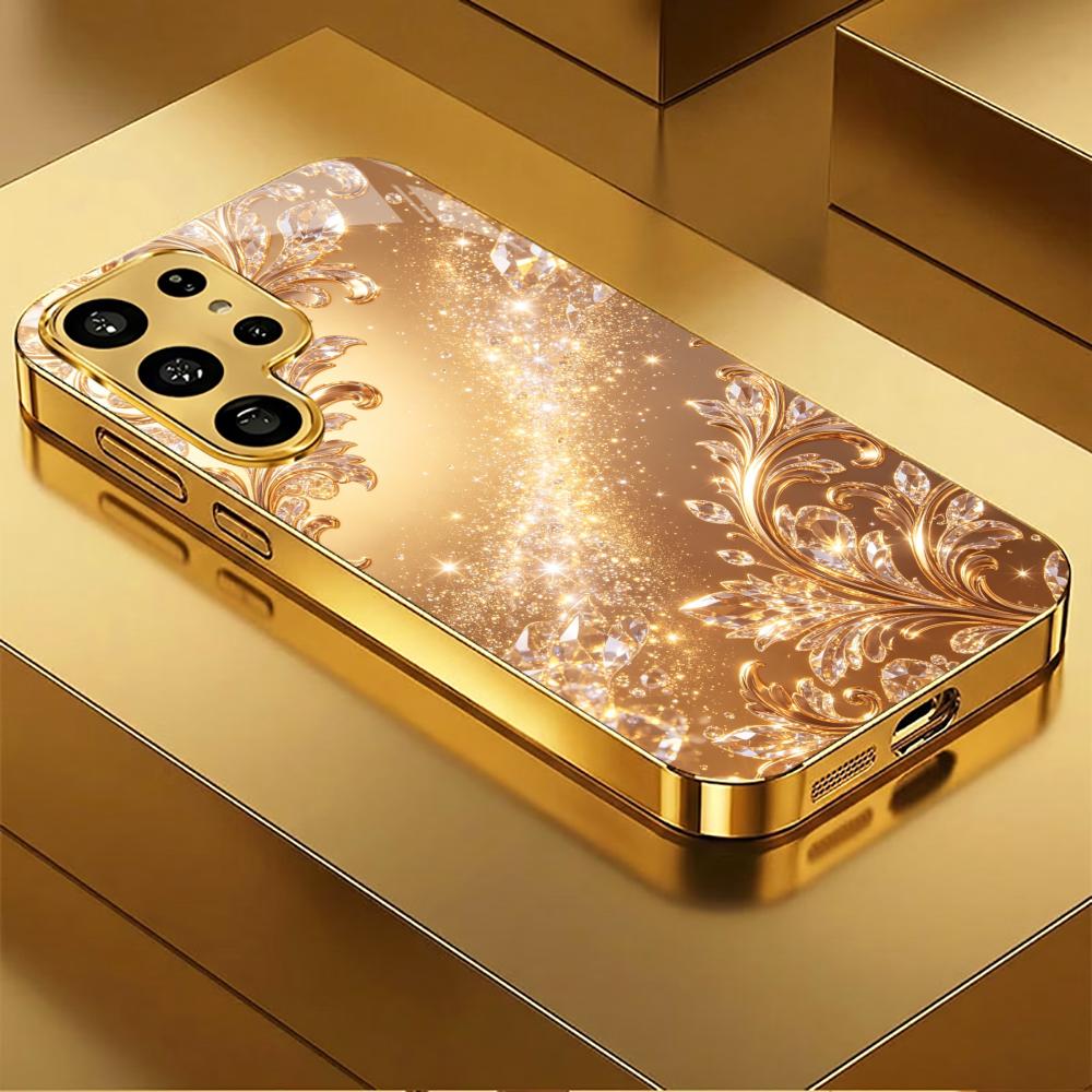 Golden Glittering Floral Pattern Phone Case S26 Ultra Case S25 Ultra Case Glass for Samsung Galaxy S26 S25 S24 S23 FE Ultra Plus