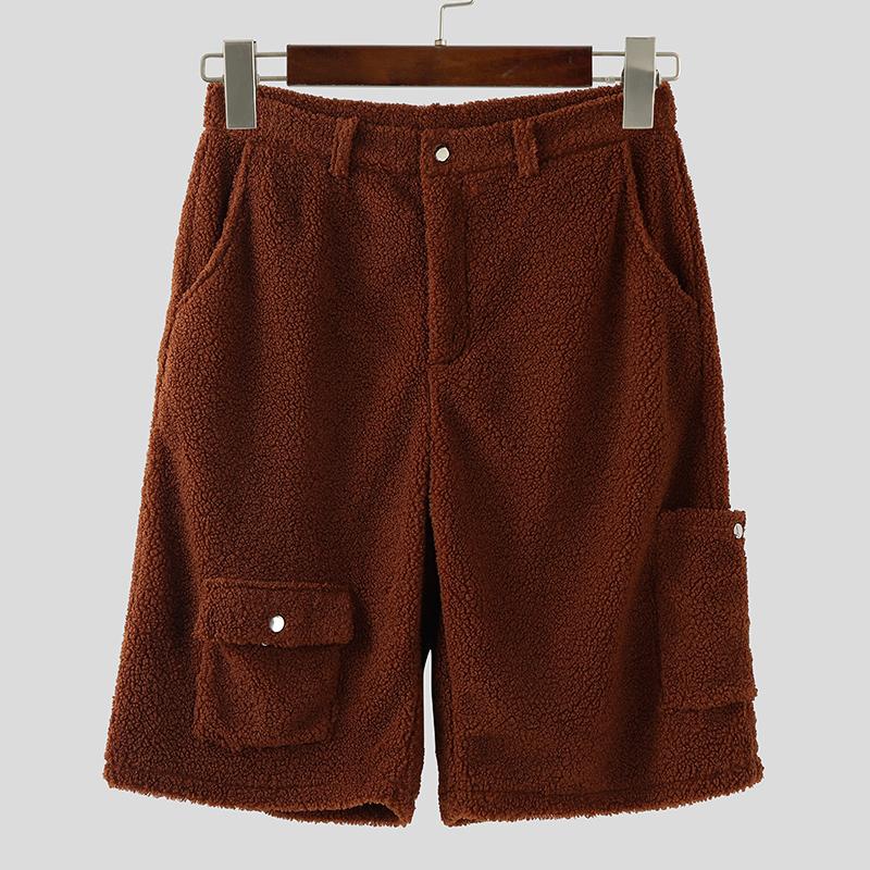 INCERUN Men Zip-up Waist Furry Casual Loose Shorts Half Pants