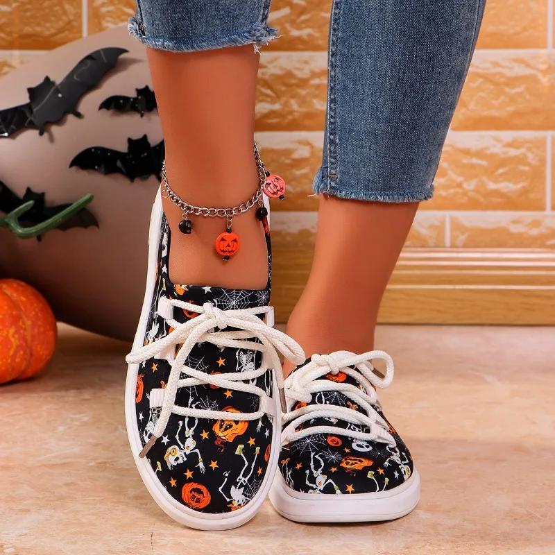 Loafers Women's Halloween Pumpkin Skull Graphic Print Lace-up Slip-On Flat Canvas plus size women shoes  zapatos de mujer