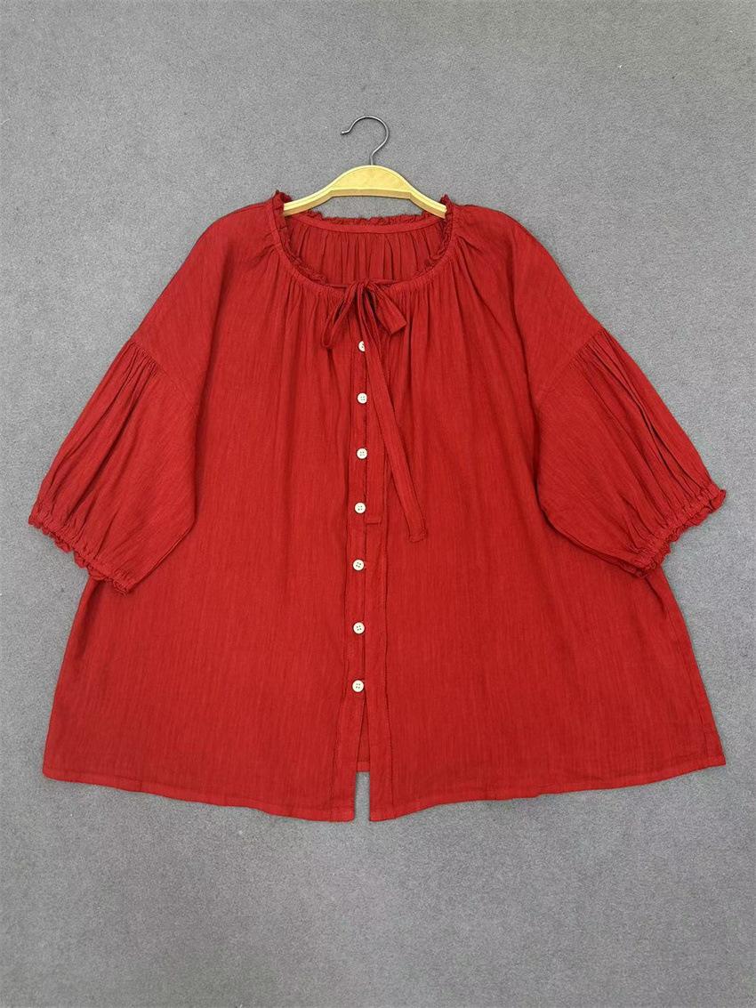 

Johnature Mori Vintage рубашки с коротким рукавом летние свободные топы женские галстуки однотонные повседневные простые женские блузки One Size красный