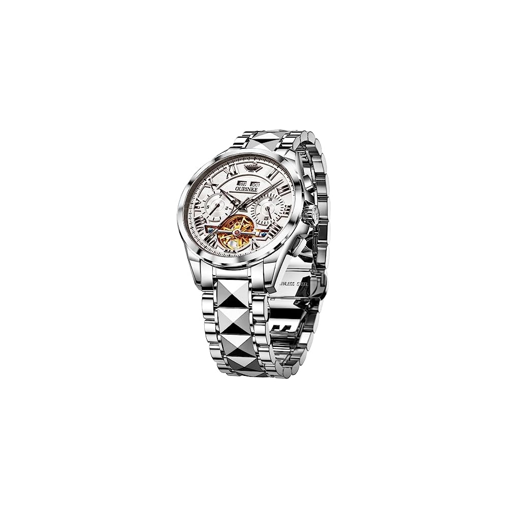 OUPINKE Men s Automatic Mechanical Watch White 40mm Waterproof Calendar Easy-to-Read Dial