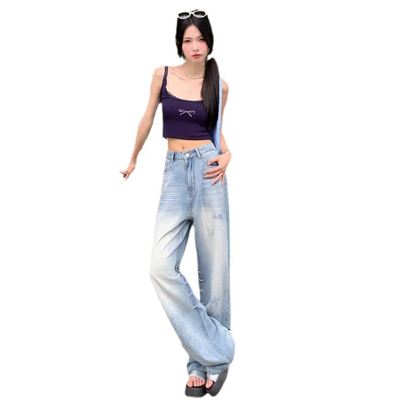 Women's Retro High-Waist Washed Blue Wide-Leg Jeans – Summer 2024 Floor-Length Loose Fit.